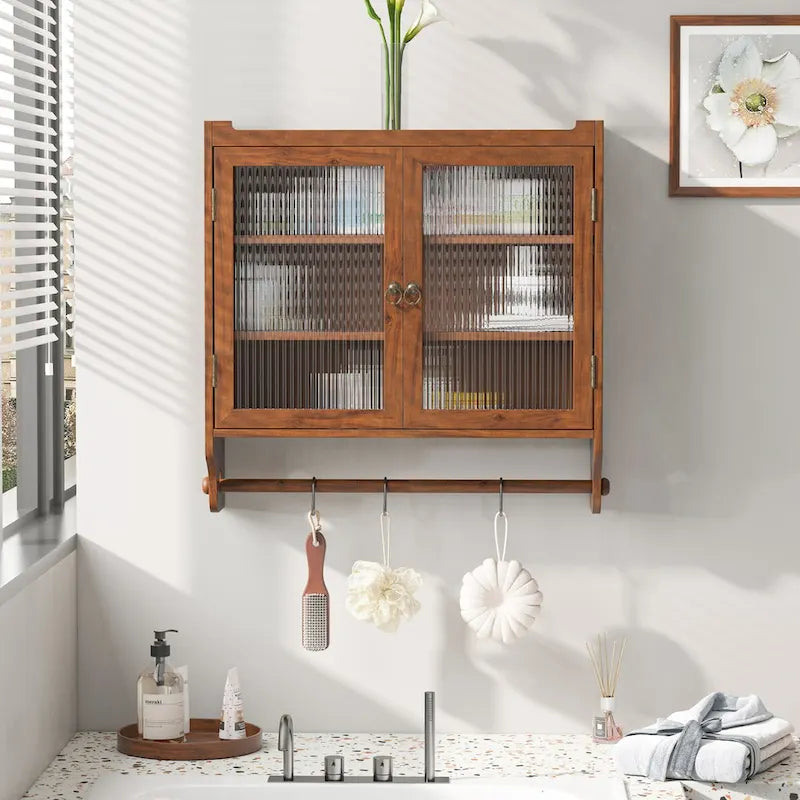 24.8" Vintage Glass Door Wall Cabinet – Double Doors, Three-Tier Storage & Towel Rack