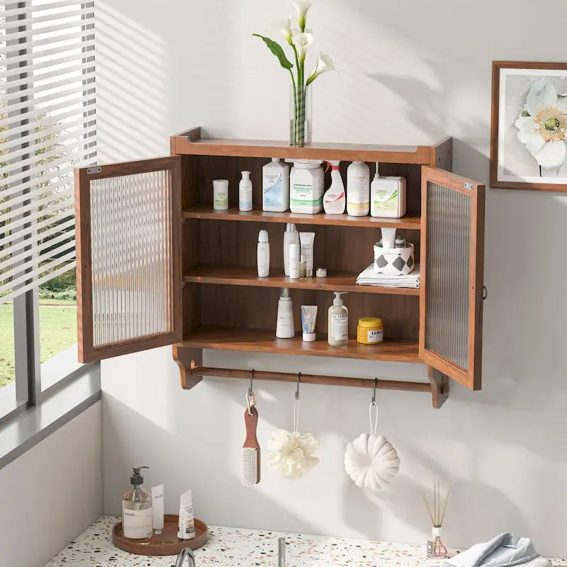 24.8" Vintage Glass Door Wall Cabinet – Double Doors, Three-Tier Storage & Towel Rack