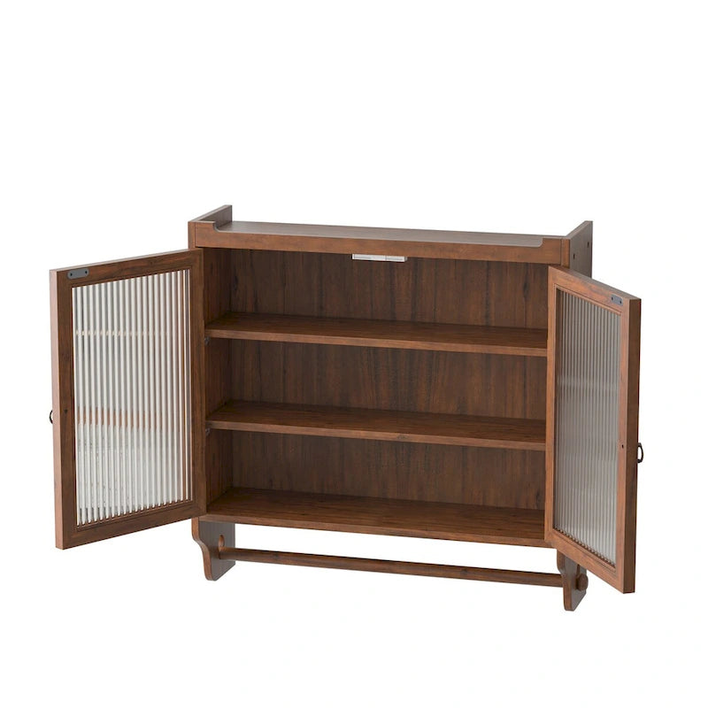 24.8" Vintage Glass Door Wall Cabinet – Double Doors, Three-Tier Storage & Towel Rack